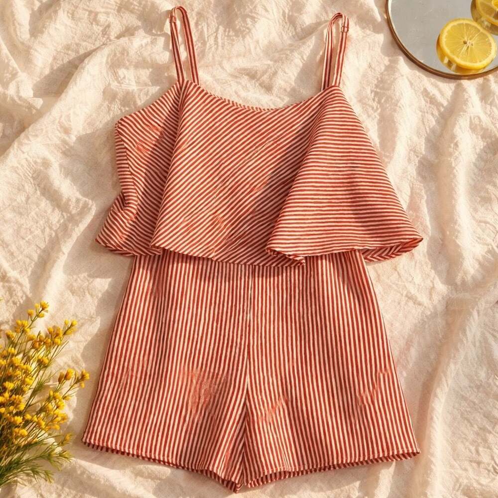 Gilli Red and White Striped Ruffle Romper Size L
